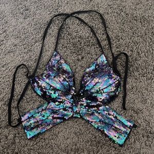 Rainbow Butterfly Sequin Crop Top